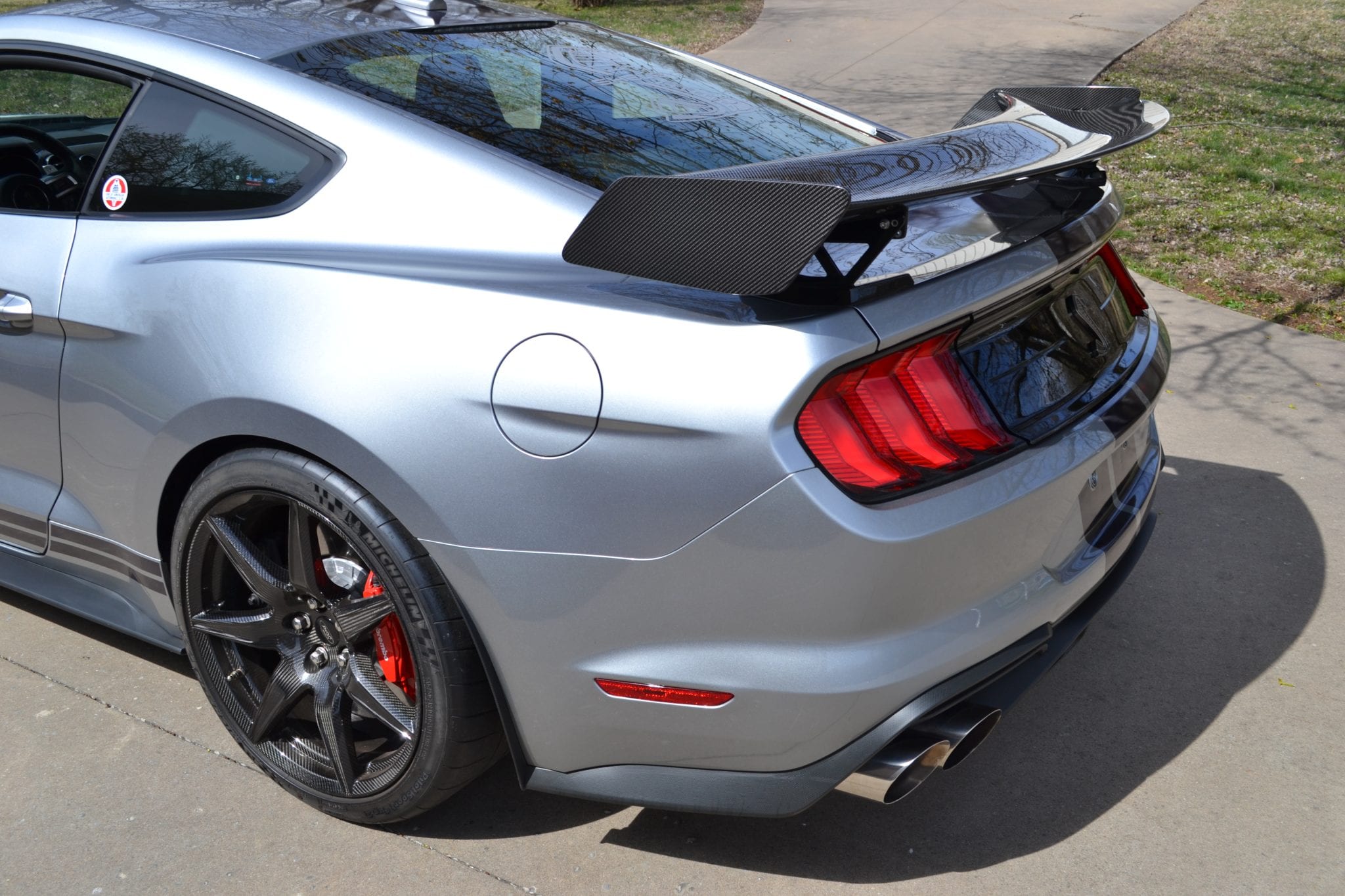 Carbon-fibre rear wing detail on a Ford Mustang Shelby GT500